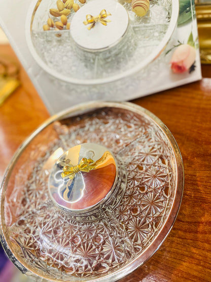 Box-packed Crystal portion platter with silver platted rim amd portion lid ,England