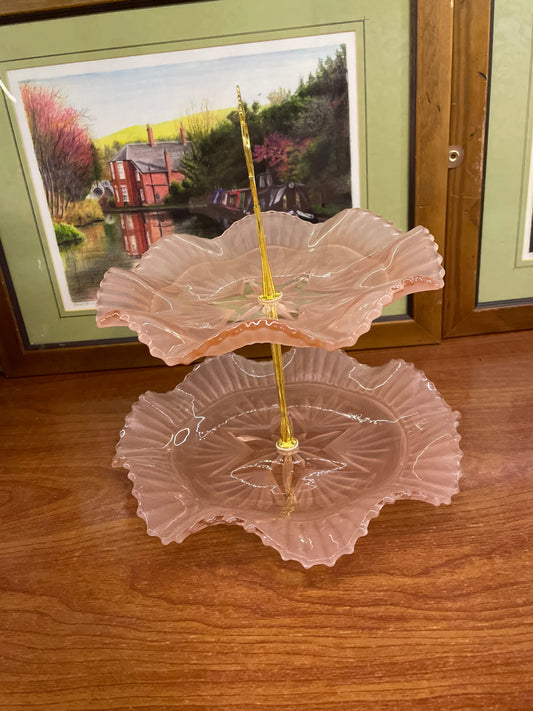 Pink 2-tire frosted crystal platter, England