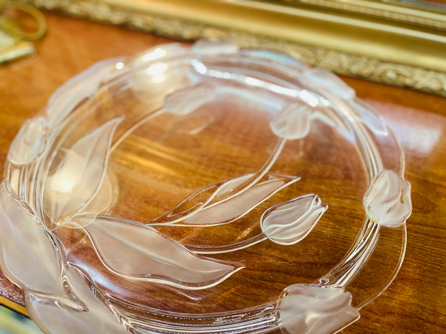 Antique large size clear crystal platter with a frosted tulip pattern , England