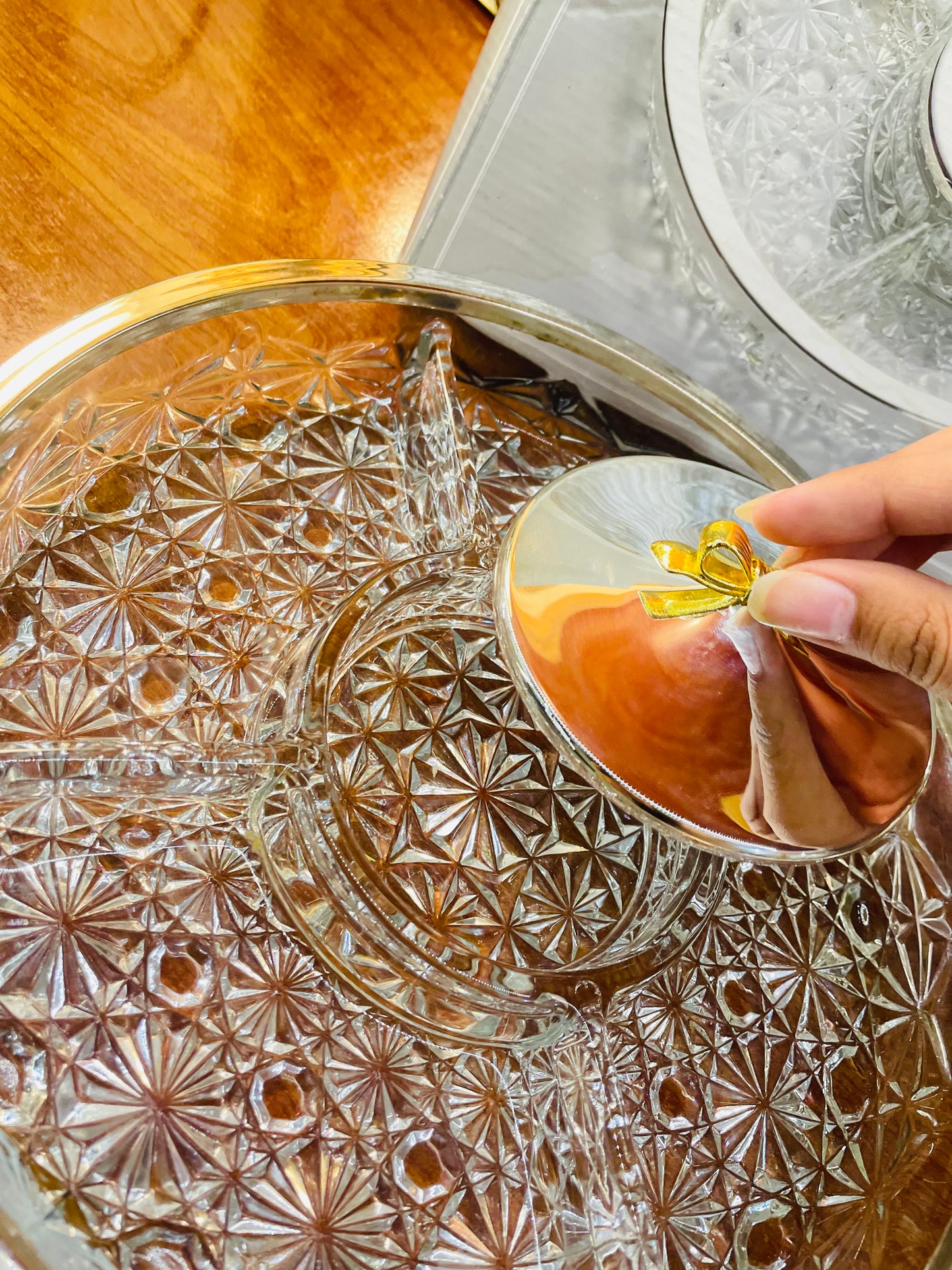 Box-packed Crystal portion platter with silver platted rim amd portion lid ,England