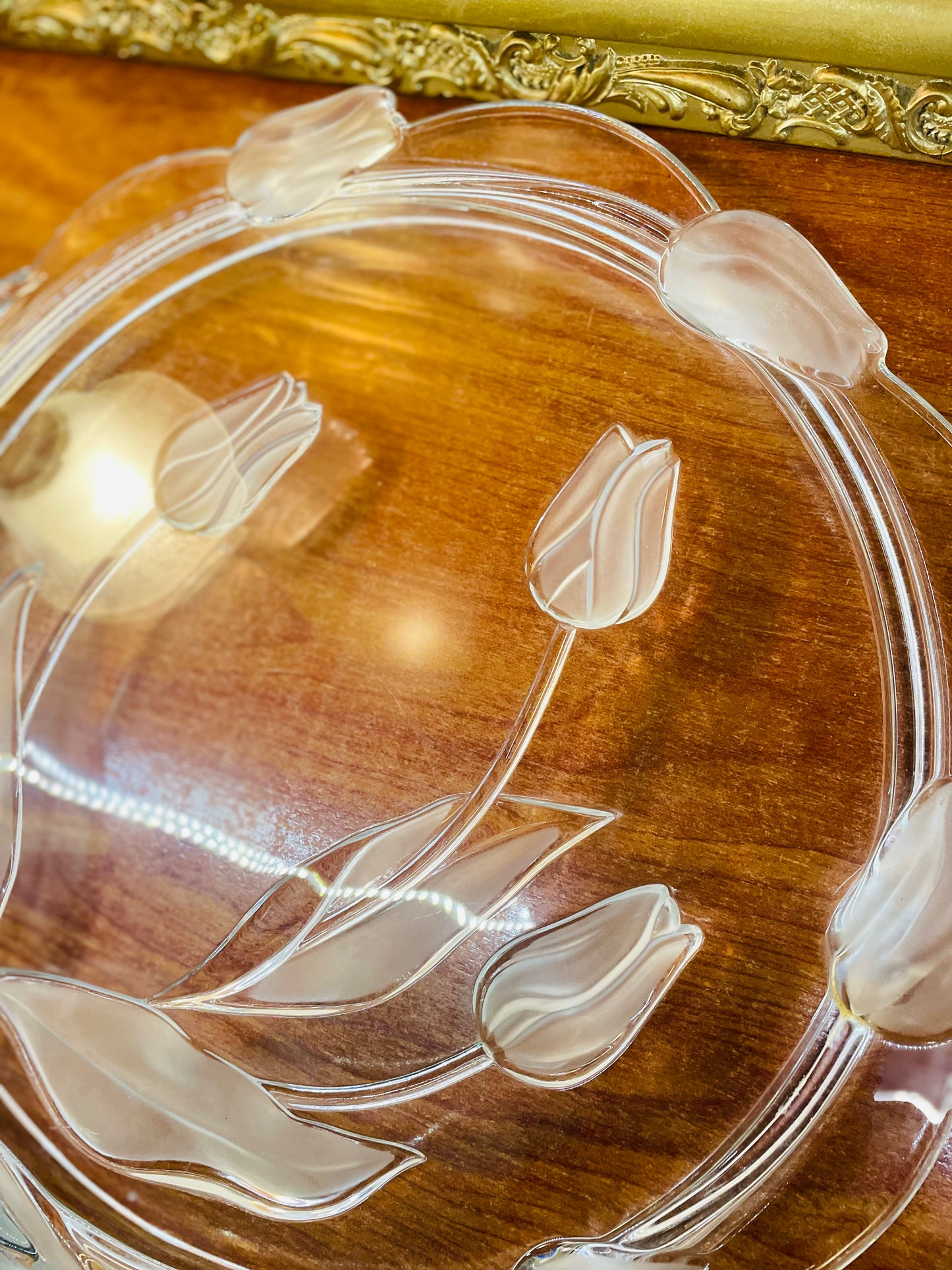 Antique large size clear crystal platter with a frosted tulip pattern , England