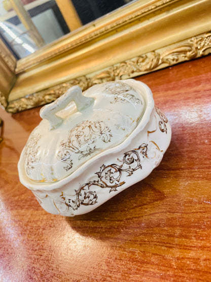 An antique ceramic fine porcelain sugar pot with a brown transfer-ware design, England