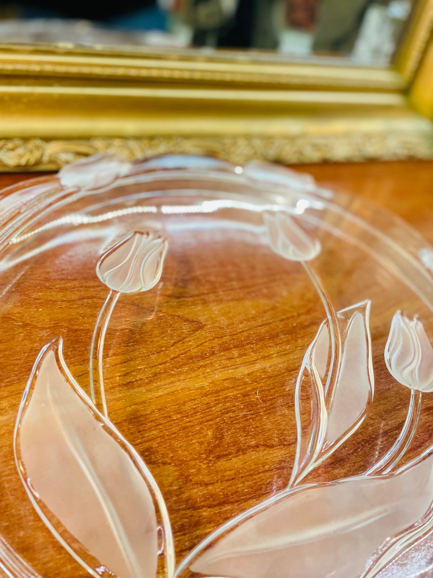 Antique large size clear crystal platter with a frosted tulip pattern , England