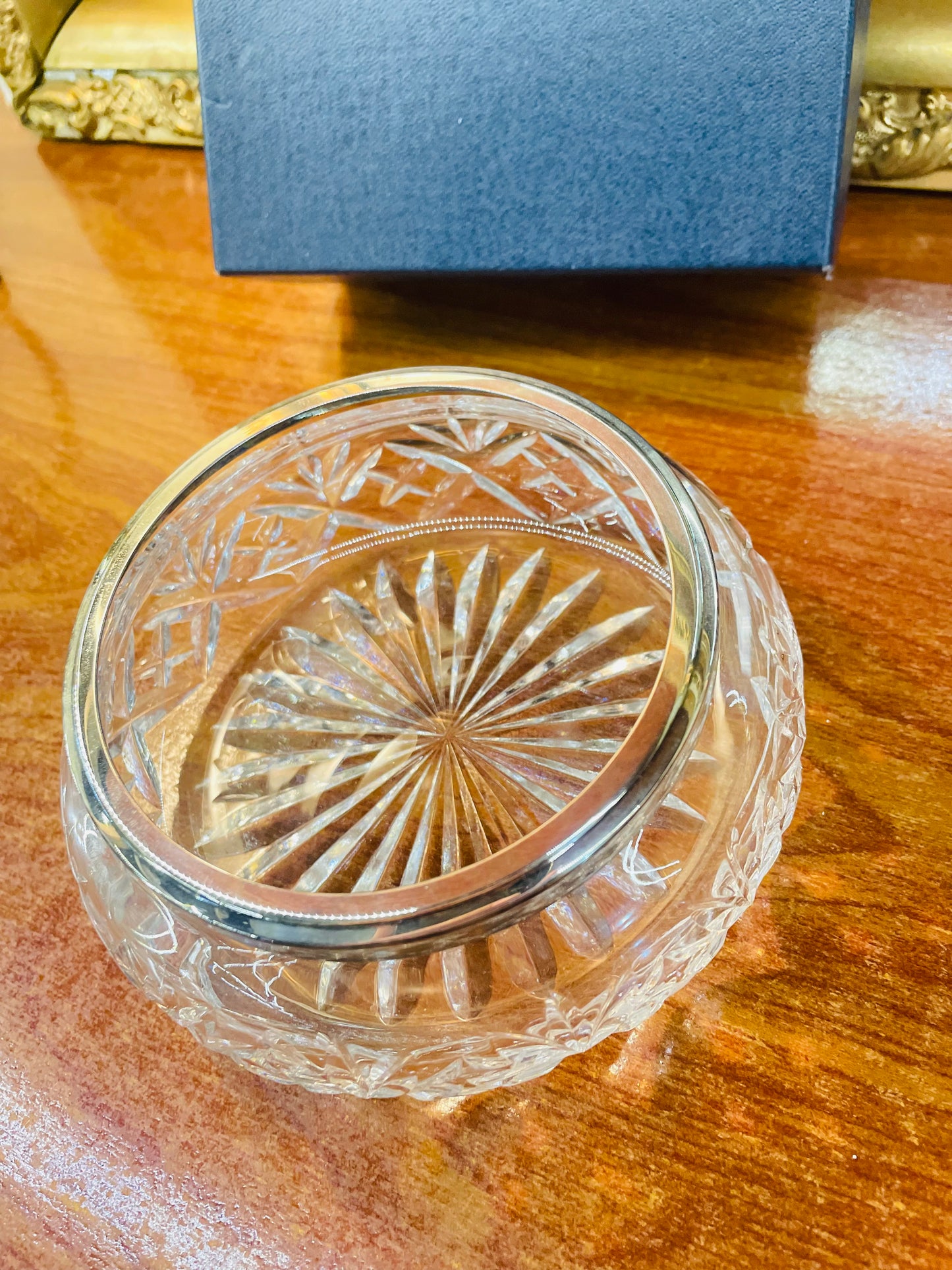 Box-packed crystal candy dish with sliver platted rim ,England