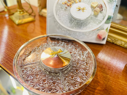 Box-packed Crystal portion platter with silver platted rim amd portion lid ,England