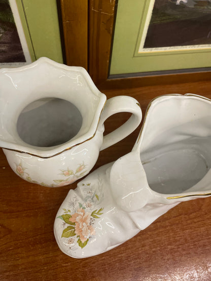 Deal of 2 , ceramic floral boot planter & jug