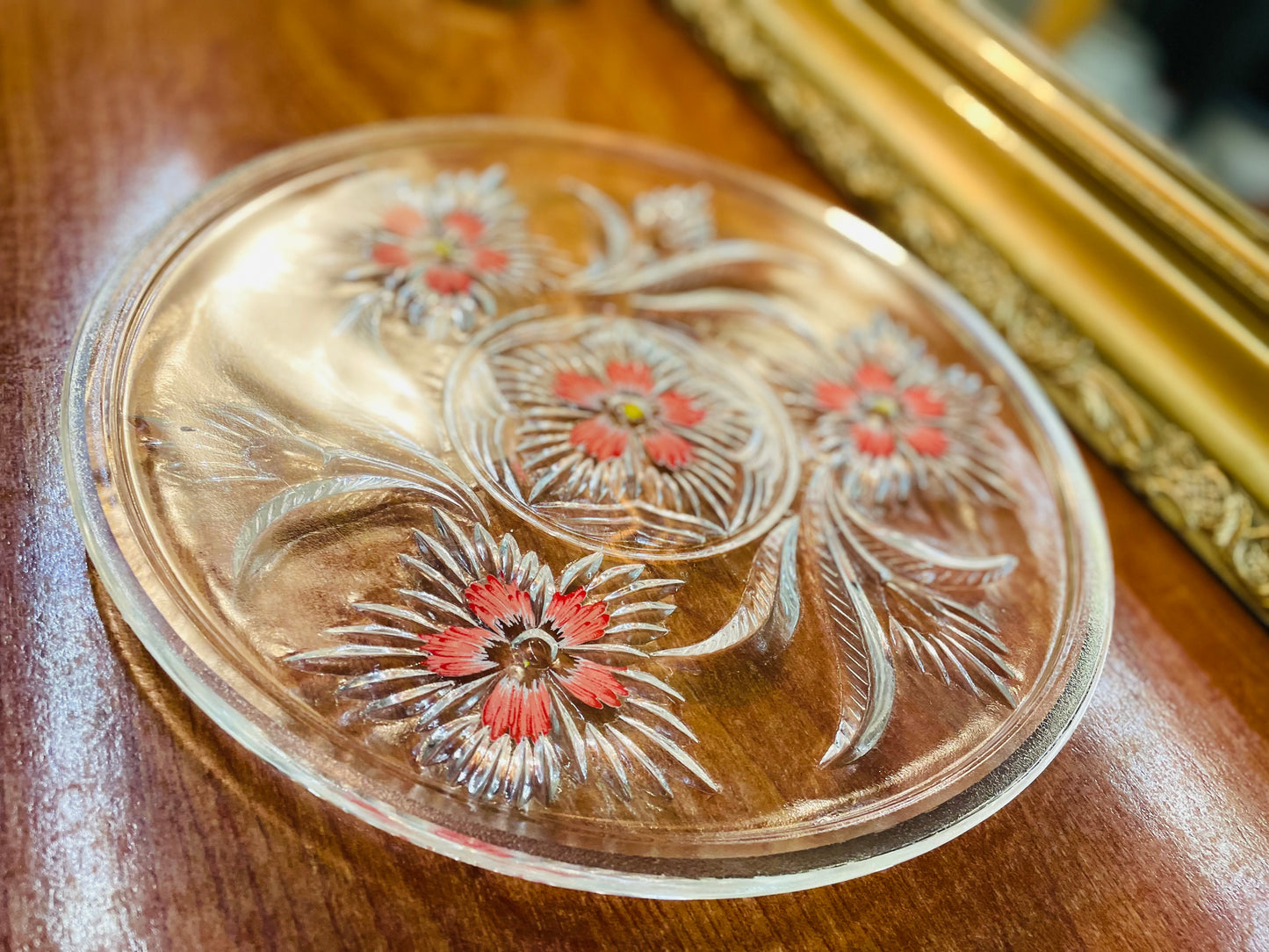 Antique large size clear crystal platter with a textured floral design , England