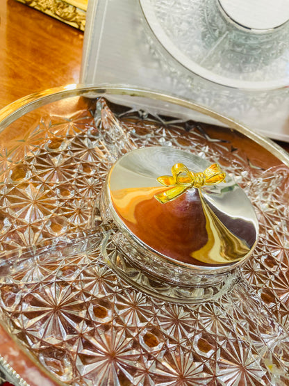 Box-packed Crystal portion platter with silver platted rim amd portion lid ,England