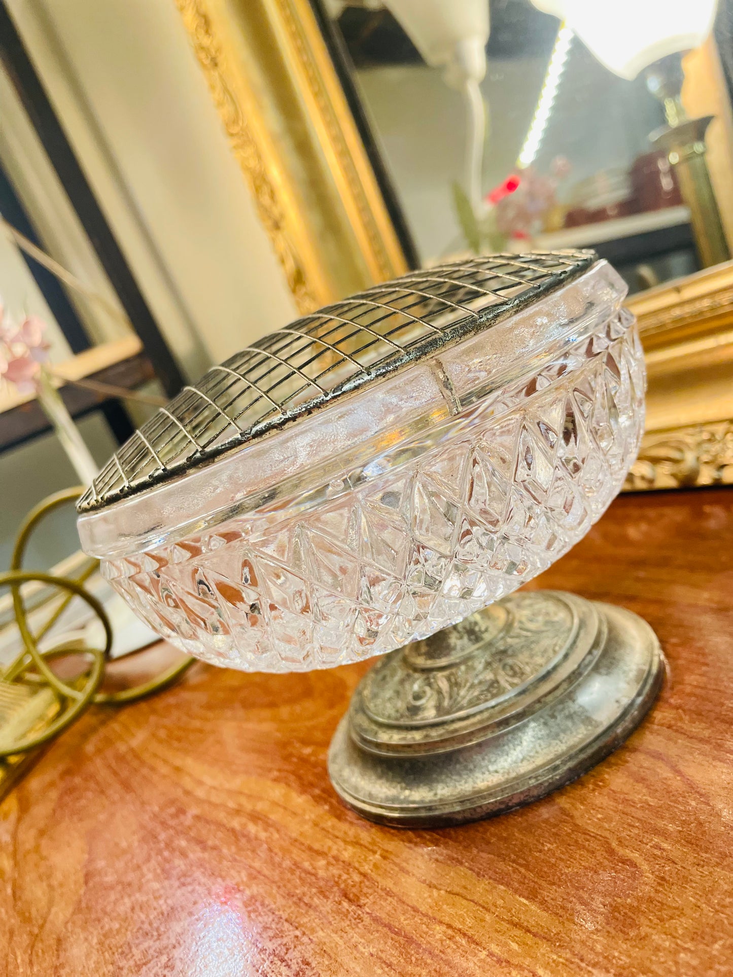 Vintage Crystal Stand Bowl, Container with Sterling Silver Cover, Candy Jar / Vase, Large Size, England