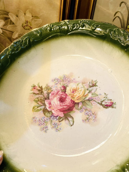 Vintage 19's Large Green Floral Bowl, Ceramic, England