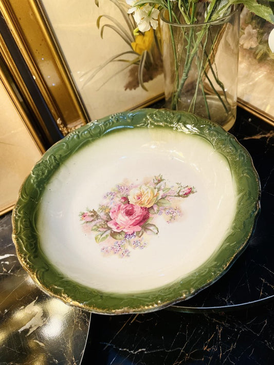 Vintage 19's Large Green Floral Bowl, Ceramic, England