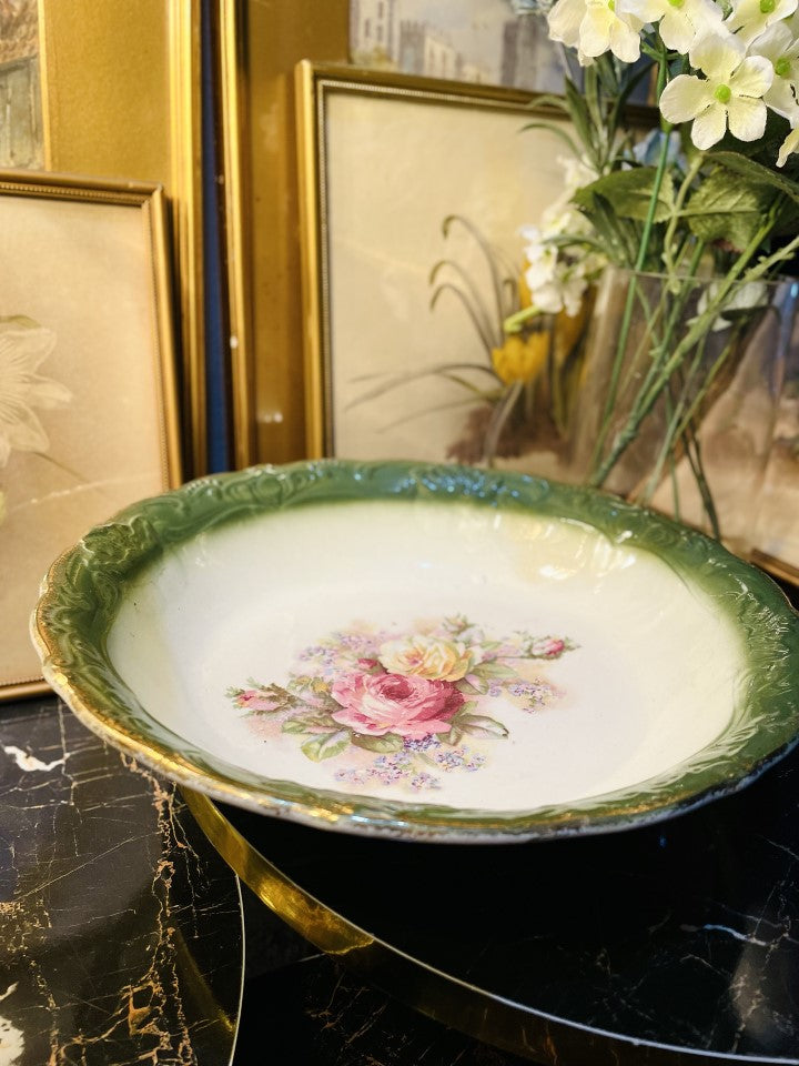 Vintage 19's Large Green Floral Bowl, Ceramic, England