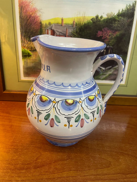 Ceramica De La Cal Pitcher Pottery Hand Painted in Puente Spain and Signed.