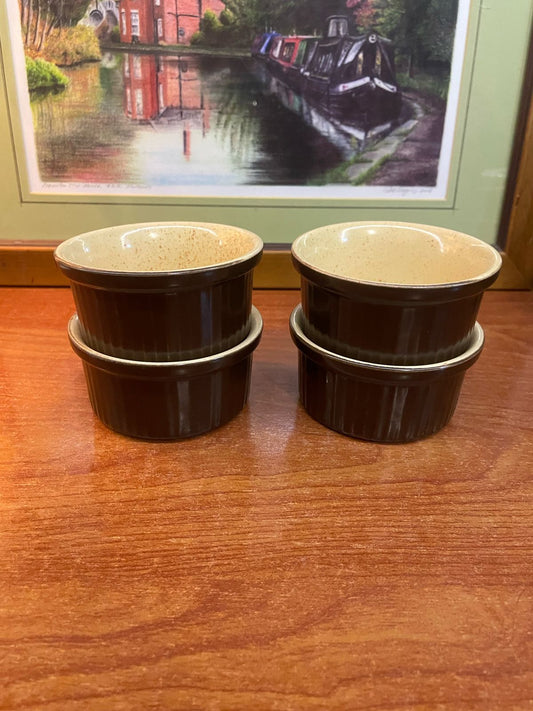 Vintage Emile Henry Beige Brown Ribbed Ramekins Cups set of 4, England