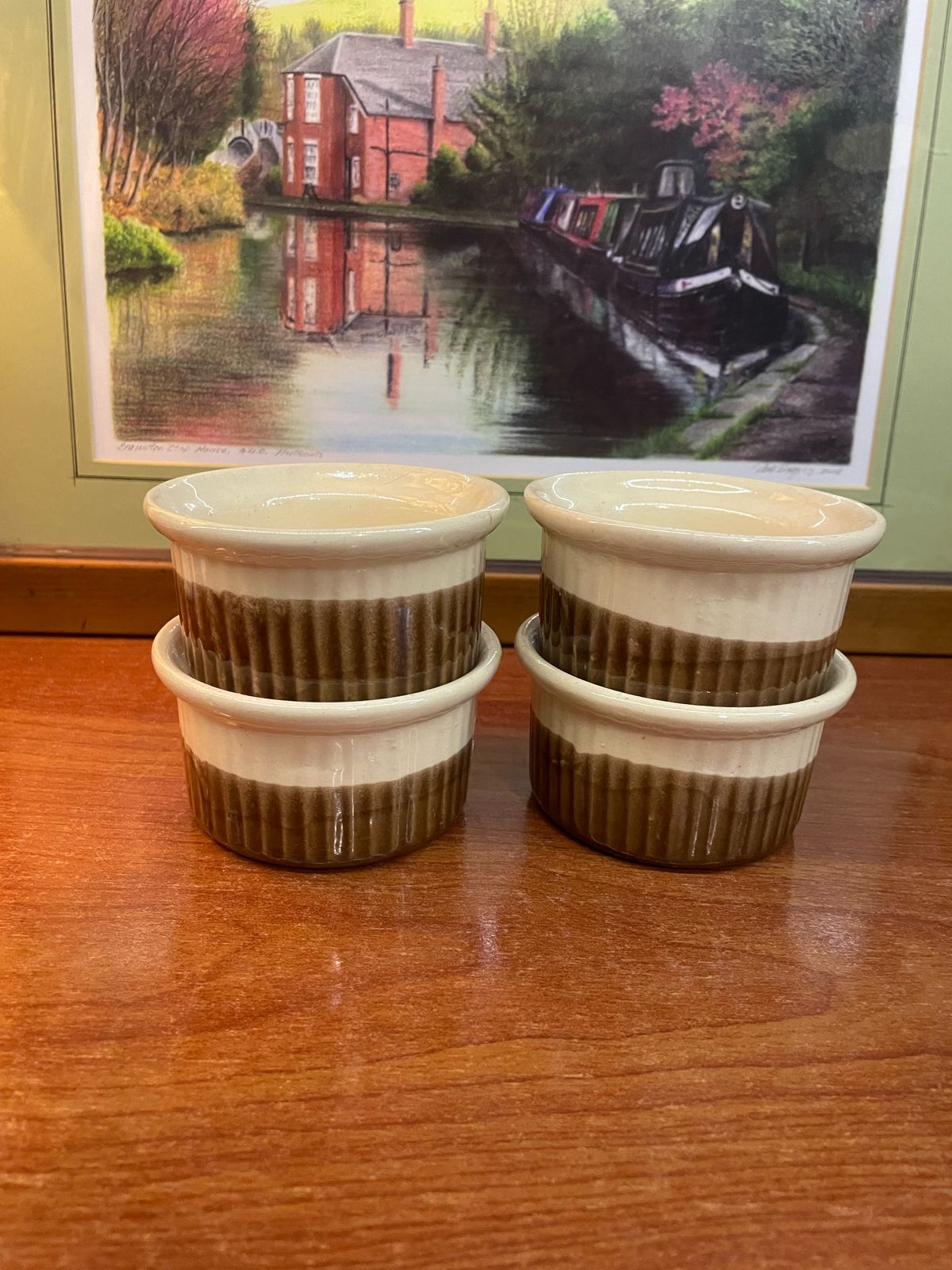 Vintage Emile Henry Beige Brown Ribbed Ramekins Cups set of 4, England