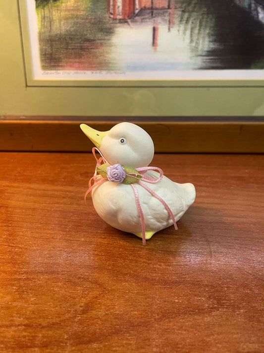 Small Cream & Yellow Porcelain Easter Duck Figurines w Pink Ribbo.