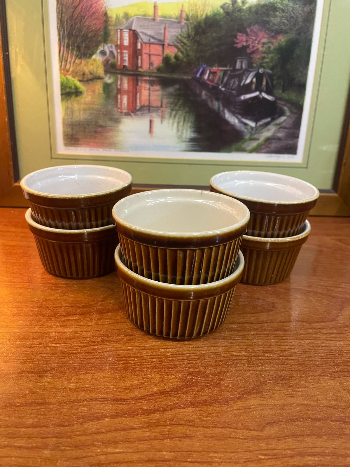 Vintage Emile Henry Beige Brown Ribbed Ramekins set of 6, England