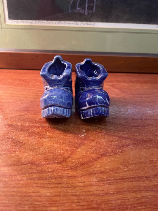 Miniature Ceramic Cobalt Blue Toothpick Holders, Planter Pair of Boots Figurine.